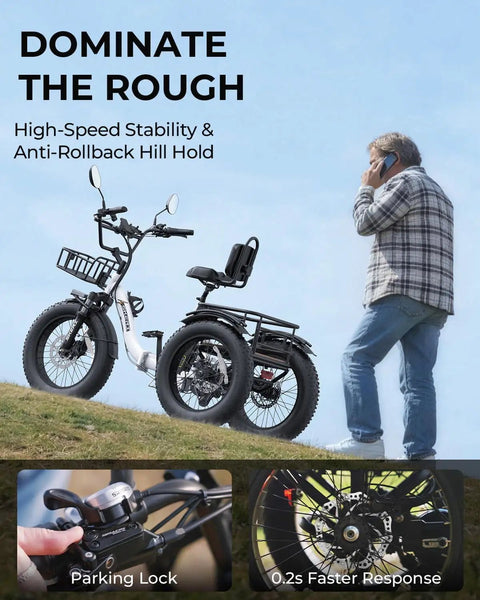 Beast Mode 750W Peak Fat Tire Electric Tricycle For Adults With Folding 20X4 Fat Tires, 48V 13Ah Battery, 50 Mile Range In PAS, UL Certified, Front And Rear Baskets, Differential, Ultra White on a hill with rider and baskets