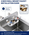Installation guide for Lead-Free 4 Inch Wall Mount Commercial Sink Faucet with 6" Swivel Spout, showing faucet components.
