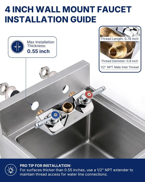 Installation guide for Lead-Free 4 Inch Wall Mount Commercial Sink Faucet with 6" Swivel Spout, showing faucet components.