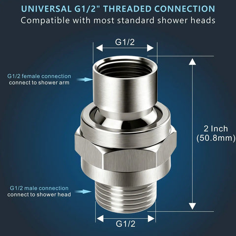 Solid Brass Shower Head Swivel Ball Joint Adapter For Adjustable Angle And Universal Connector Fits Fixed Handheld And Rain Showers Brushed Nickel Finish Easy Install, G1/2, 2 inch