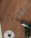 Eyeglass Repair Screwdriver Set 3 In 1 Flathead Phillips Star Nut Driver On The Go Keychain Portable Silver 3 Pack on table with drill