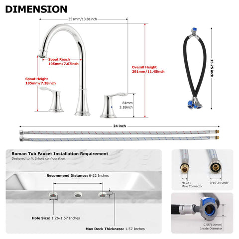 Dimensions and installation details for High Arc 2-Handle Widespread Roman Tub Faucet With Valve And Supply Lines Chrome Finish Demeter 1436201