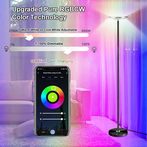 Two-Sided Smart Floor Lamp With RGBCW Color, 2000 Lumens, Alexa And Google Home Ready, app control showing dimmable feature.