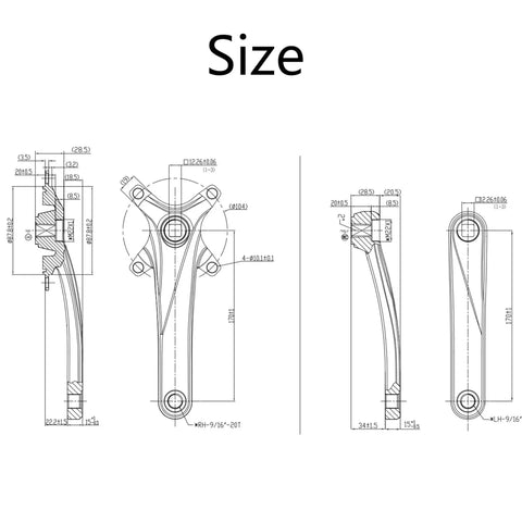Technical drawing of Universal Square Taper Bike Crank Arms Set 170mm 175mm Forged Alloy 6061 T6 104mm BCD Single Speed Crankset