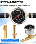 Dead Nuts Accurate Fuel Pressure Gauge Kit 0 To 15 Psi Glycerin Filled Dial with T-fitting adapter and brass barbed connectors.