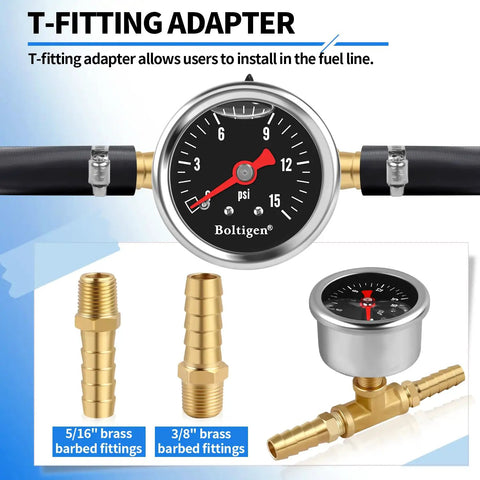 Dead Nuts Accurate Fuel Pressure Gauge Kit 0 To 15 Psi Glycerin Filled Dial with T-fitting adapter and brass barbed connectors.