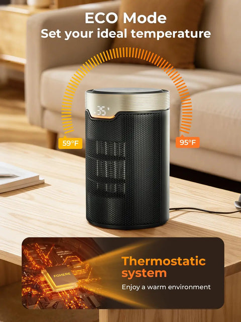 ETL Certified 1500W PTC Space Heater With Thermostat, 24H Timer, Touch Display in a living room setting