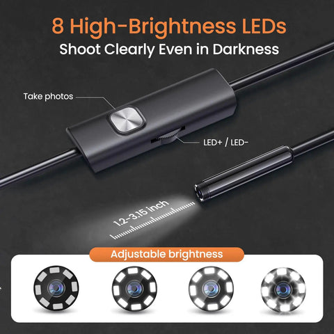 HD Endoscope Camera With Light 1920P Borescope, 7.9mm Slim Probe, adjustable LED brightness control