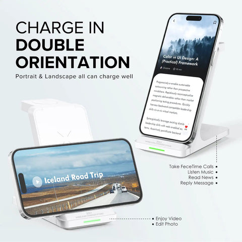 3 In 1 Fast Wireless Charger Station for iPhone and Apple Watch charging phones in portrait and landscape on sleek Qi stand