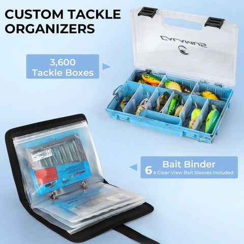 GearMaster Tackle Backpack With Bait Binder For Fishing Gear showing 3600 tackle boxes and bait binder with clear sleeves.