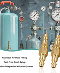 Type D Quick Connect Air Hose Fitting Kit, 1 Quarter NPT Brass Plug And Coupler Set For Air Compressors And Pneumatic Tools, Includes 2 Male And 2 Female Fittings with pressure gauges.