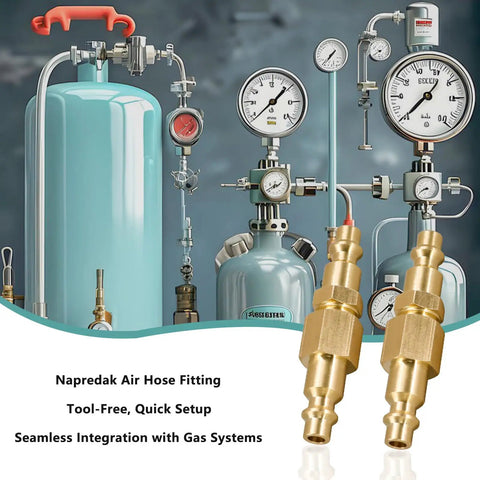 Type D Quick Connect Air Hose Fitting Kit, 1 Quarter NPT Brass Plug And Coupler Set For Air Compressors And Pneumatic Tools, Includes 2 Male And 2 Female Fittings with pressure gauges.