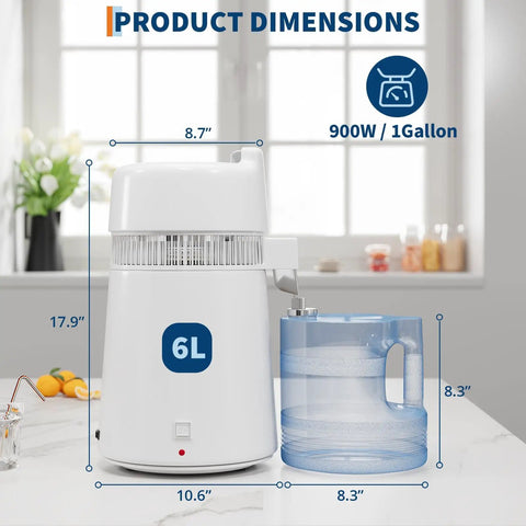 Top Notch Countertop Water Distiller With Rock Solid 900 Watt Heating Coil And Generous 1.6 Gallon Glass Pitcher dimensions on kitchen countertop.