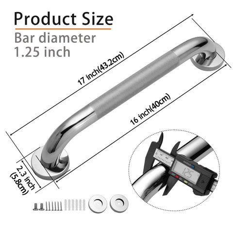 Two Pack 16 Inch Stainless Steel Shower Grab Bars, 1.25 Inch Diameter Anti Slip Handicap Safety Rails, caliper showing measurement