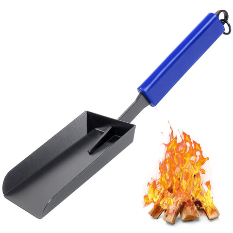 15 Inch Fireplace Ash Shovel With Wider Head For Quick Cleanup Heavy Duty Manganese Steel Scoop Rubber Handle And Hanging Ring Ideal For Outdoor Fire Pit Indoor Fireplace Solo Stove And Woodstove next to fire illustration