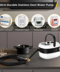 Heavy Duty Handheld Steam Cleaner 2500 Watt Hella Powerful Vapor Output For Quick Car Detailing And Smooth Home Cleanup At Two Hundred Twenty One Degrees showing stainless steel water pump on kitchen counter.