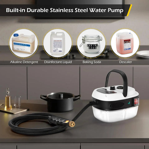 Heavy Duty Handheld Steam Cleaner 2500 Watt Hella Powerful Vapor Output For Quick Car Detailing And Smooth Home Cleanup At Two Hundred Twenty One Degrees showing stainless steel water pump on kitchen counter.