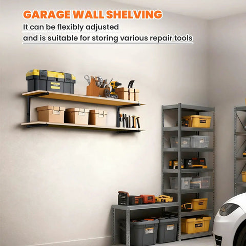 Heavy-Duty Wall Mounted Lumber Rack, Beefy Three-Tier Garage Shelf And Shop Wood Organizer, Rock Solid 500 Lb Capacity To Store Firewood And Metal Pipes, Black Two Pack Space Saver
