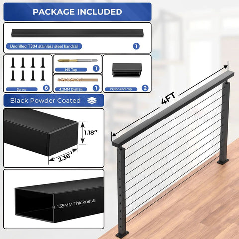 Heavy Duty Four Foot Modular Deck Handrail In Matte Black T304 Stainless Steel Cable Railing package components, dimensions shown.