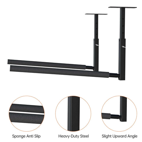 Adjustable Ladder Ceiling Rack For Overhead Garage Storage Holds Up To 150 Lbs Heavy Duty Powder Coated Steel, close-up view of rack design with anti-slip sponge, steel frame, and upward angle.