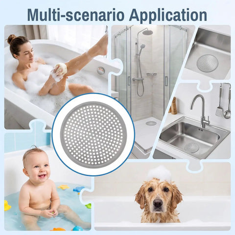 Stainless Steel Shower Drain Strainer And Kitchen Sink Hair Catcher Filter For Bathroom Plumbing Clog Prevention Solid Two Pack Set shown in use for bath, shower, and sink applications.