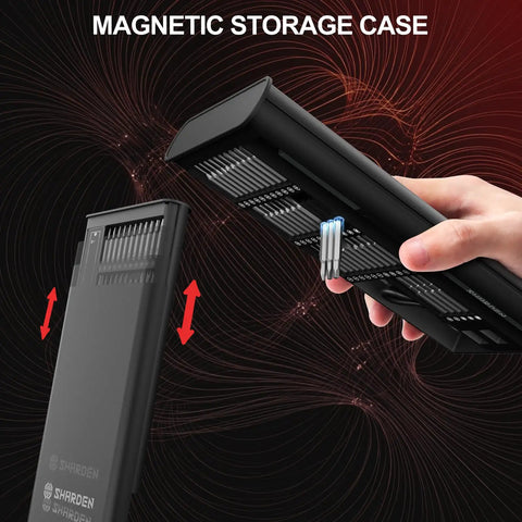Hand holding 75 In 1 Mini Electric Screwdriver Set With 71 Magnetic S2 Bits USB Rechargeable 3 LED Lights Magnetic Bit Holder in case