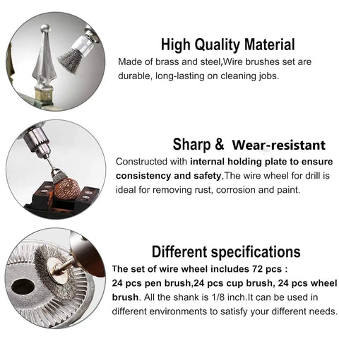 Image showing 72 Pack Brass And Steel Wire Wheel Brushes Set With One Eighth Inch Shank For Rotary Tools Rust Removal Paint Stripping