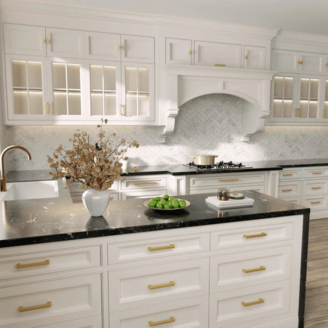 Modern kitchen with Brushed Brass Cabinet Handles Set 3.75 Inch Stainless Steel 10 Pack Modern Square Pulls for kitchen cabinets and vanities.
