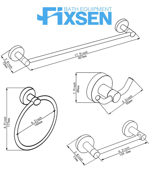 Technical drawings of the Matte Black 4-Piece Bathroom Hardware Set With An 18-Inch Towel Bar Towel Ring Toilet Paper Holder And Double Towel Hooks Built To Last From Stainless Steel And Zinc Alloy For Wall Mounted Rustproof Durability And Easy Install