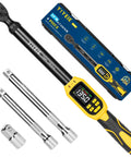 Pro Grade Digital Torque Wrench Three Eighths Inch Drive With Five To Ninety Nine Point Five Foot Pounds Range Plus One Percent Accuracy Smart Alert Multi Electric Torque Tool For Bike Motorcycle And Car Includes Extension Bars For Tight Spaces.