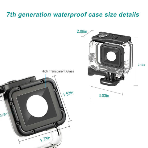 GoPro Hero 7 6 5 Waterproof Housing Case With Touchable Cover Bombproof 196ft 60m Submersible Shell sizing diagram