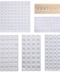 Self Adhesive Noise Dampening Bumper Pads 272 Pcs In Five Sizes, clear silicone sheets, various shapes for surface protection.