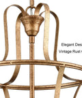 Close-up of Modern Lantern Pendant Light With Four Lights In A Rusty Gold Finish, adjustable height ceiling fixture detail.