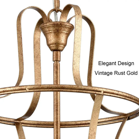 Close-up of Modern Lantern Pendant Light With Four Lights In A Rusty Gold Finish, adjustable height ceiling fixture detail.