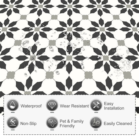 Patterned black and white Self Adhesive Peel And Stick Floor Tiles 20 Pack 7.87 Inch Square DIY Vinyl Flooring with water droplets.