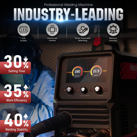 Close-up of Firstess SP200 6 In 1 MIG TIG Flux Core Welder with LCD display showing power settings for efficiency.