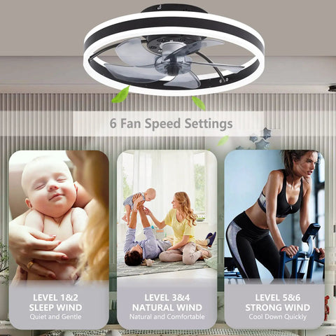 Ceiling Fan With Lights And Remote Control, 56W Dimmable LED, 6-speed options, black flush mount, indoor lifestyle settings visible