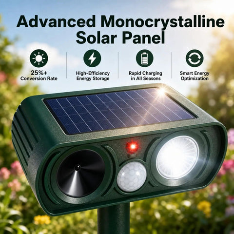 4 Pack Solar Powered Ultrasonic Animal Deterrents For Outdoor Gardens With Motion Sensor And Flash Light IP65 Waterproof Protects Against Cats Deer Squirrels Rabbits Foxes Raccoons Dogs, solar panel top