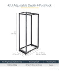 Built Tough 42U Four Post Open Frame Server Rack With 19 Inch Width And 22 To 40 Inch Adjustable Depth For Data Center Networks And Audio Visual Gear Heavy Duty Capacity Super Smooth No Fuss Setup, side view showing adjustable depth and dimensions.