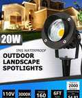 20W Outdoor Landscape Spotlight LED 120V AC Waterproof Yard Lights With Stake For Trees And Flags 3000K Ultra Warm White