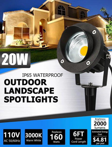 20W Outdoor Landscape Spotlight LED 120V AC Waterproof Yard Lights With Stake For Trees And Flags 3000K Ultra Warm White