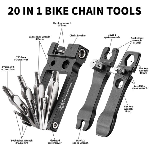 20 In 1 Bike Multitool Kit For Cyclists Portable Foldable Cycling Tool with chain breaker, hex keys, wrenches, screwdrivers visible