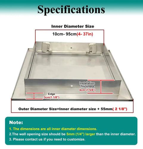 Rock Solid Lockable Waterproof Stainless Steel Ceiling Access Panel Attic Door Cover With Secure Latch. Specifications with dimensions.