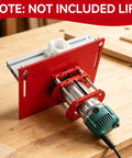 Heavy Duty Aluminum Router Table Insert Plate With Rock Solid Miter Guide Dual Metric Imperial Angle Scales And Rotating Sliding Ruler For Hassle Free Woodworking Setup Red with router motor attached on wood surface.