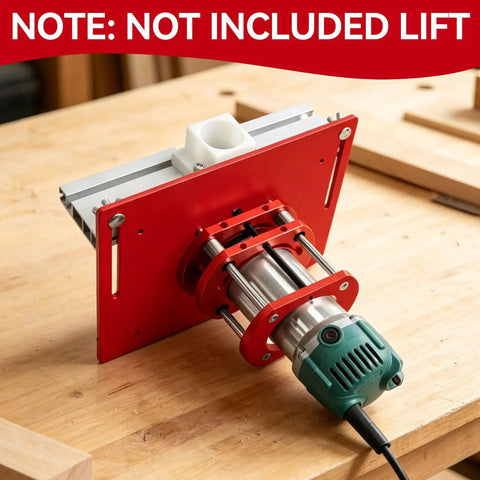 Heavy Duty Aluminum Router Table Insert Plate With Rock Solid Miter Guide Dual Metric Imperial Angle Scales And Rotating Sliding Ruler For Hassle Free Woodworking Setup Red with router motor attached on wood surface.