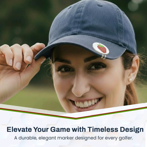 Woman wearing cap with Berry Inspired Golf Ball Marker With Alignment Marker For Putting Green Metallic Ball Marker Accessory
