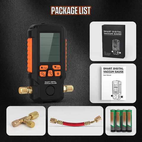 Front view of digital vacuum gauge pro handheld meter with orange control buttons, black body, and brass 7/16-20UNF fittings.