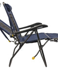 Side view of navy Legz Up Lounger Outdoor Folding Chair with multi-position recline and legs up for comfort