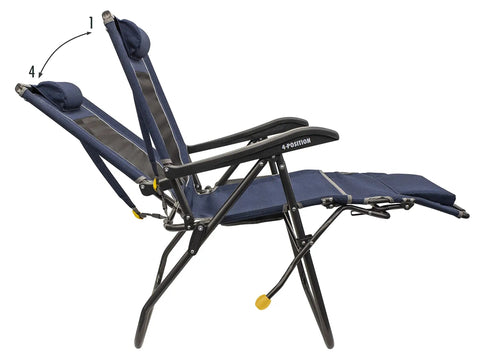 Side view of navy Legz Up Lounger Outdoor Folding Chair with multi-position recline and legs up for comfort