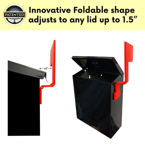 Folding 180 Degree Wall Mount Mailbox Flag With Adhesive Or Screw Installation For Vertical Mailboxes Easy Assembly No Tools Required Weatherproof Mail Alert Signal Stick On Flag showing foldable design and lid adjustment.